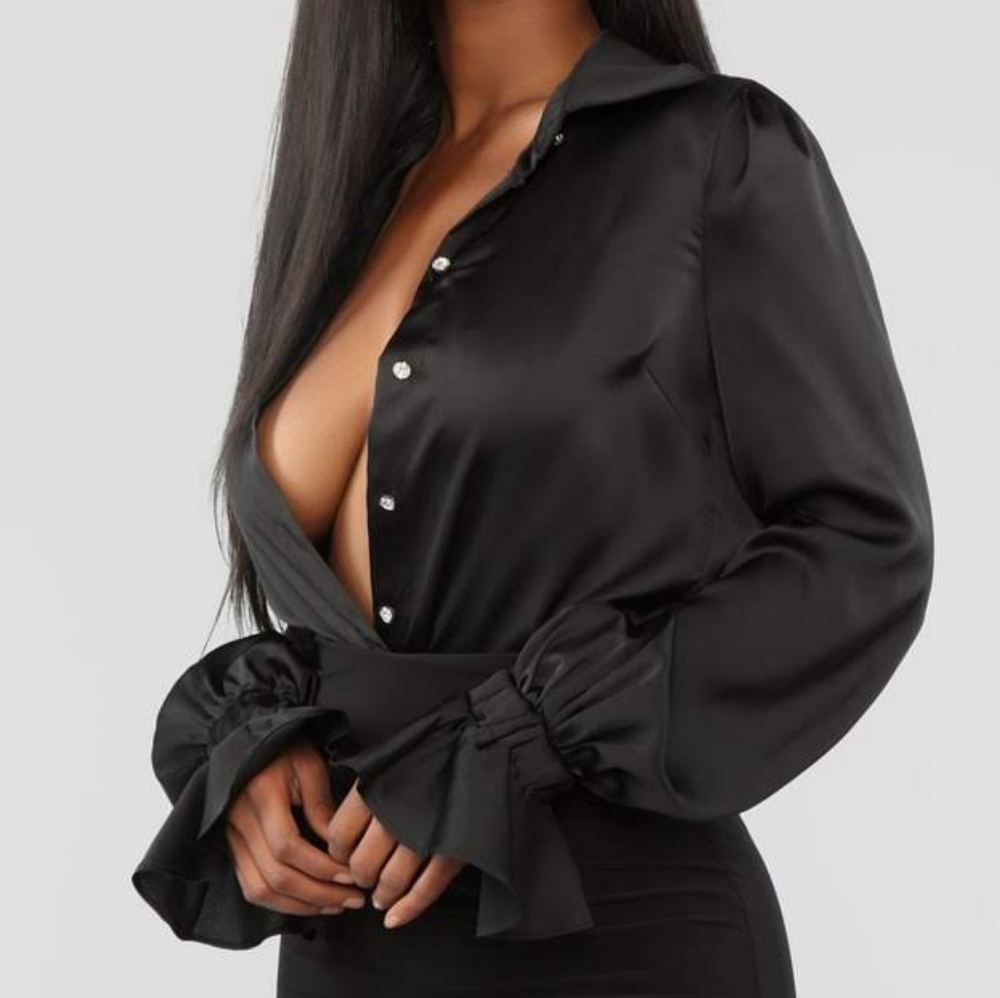 Black Satin Balloon Sleeve Shirt